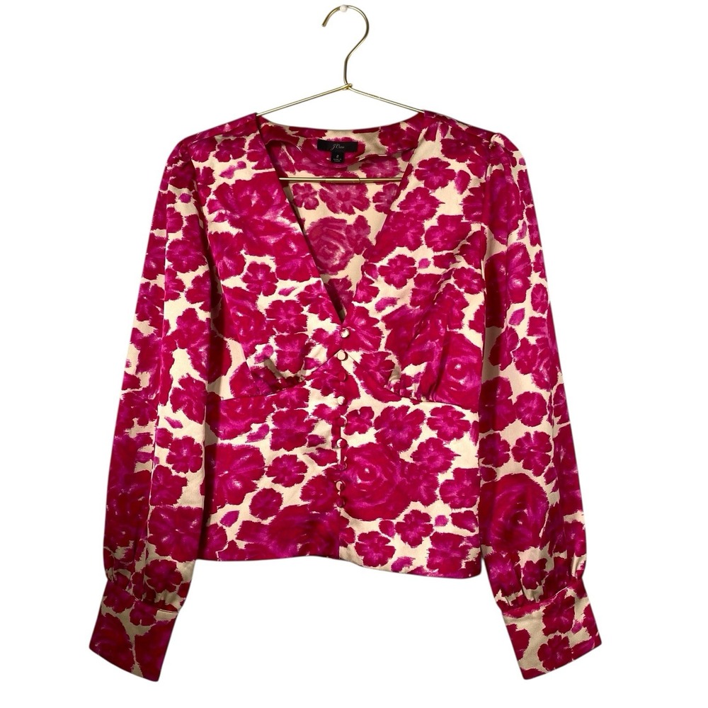 J Crew Floral Satin Plunge Button Satin Blouse Women's Sz 2 Hot‎ Pink 477